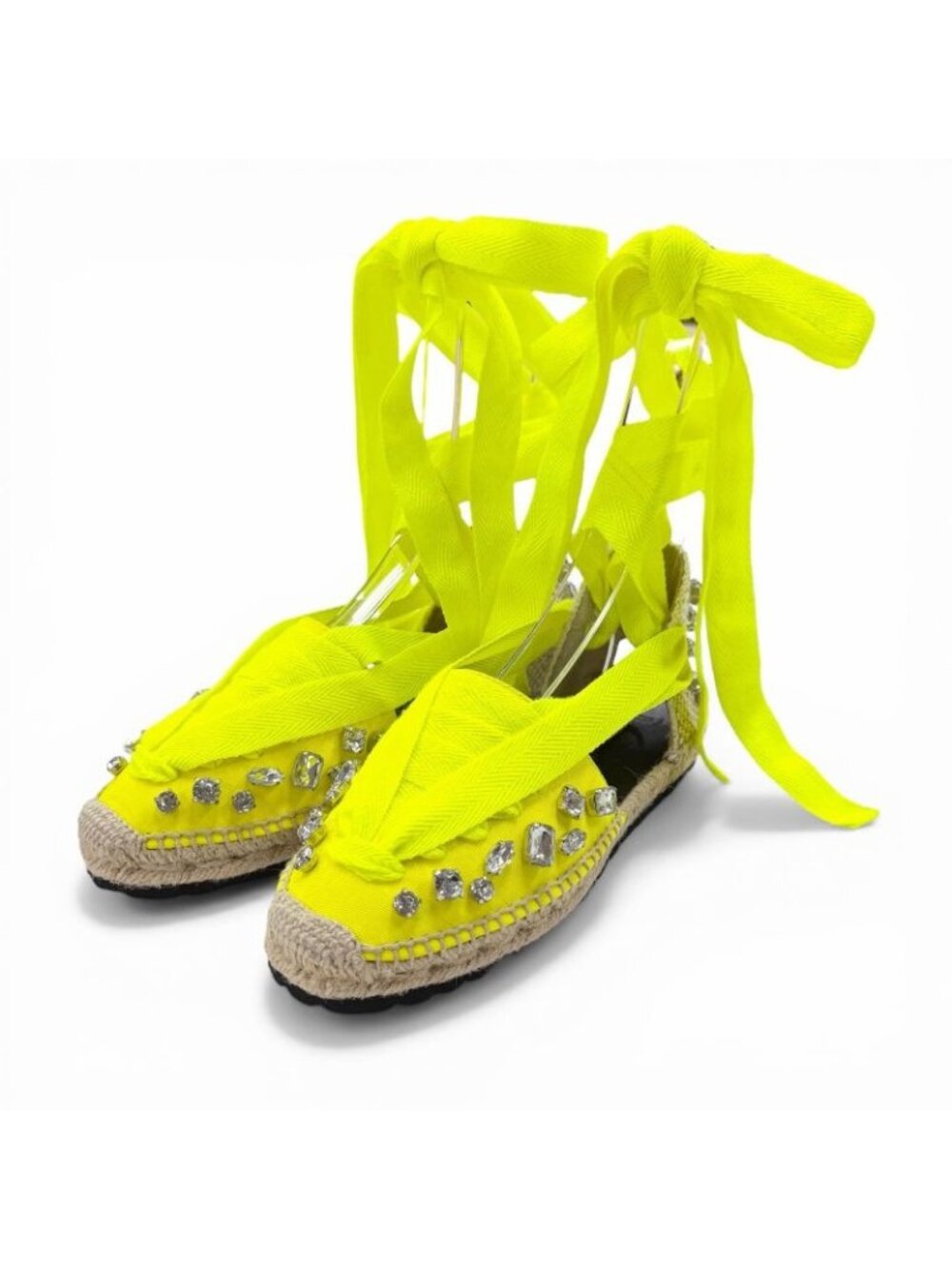 Loewe Paula S Ibiza Canvas Crystal Ribbon Espadrilles Sandals Yellow 37 Handbag
